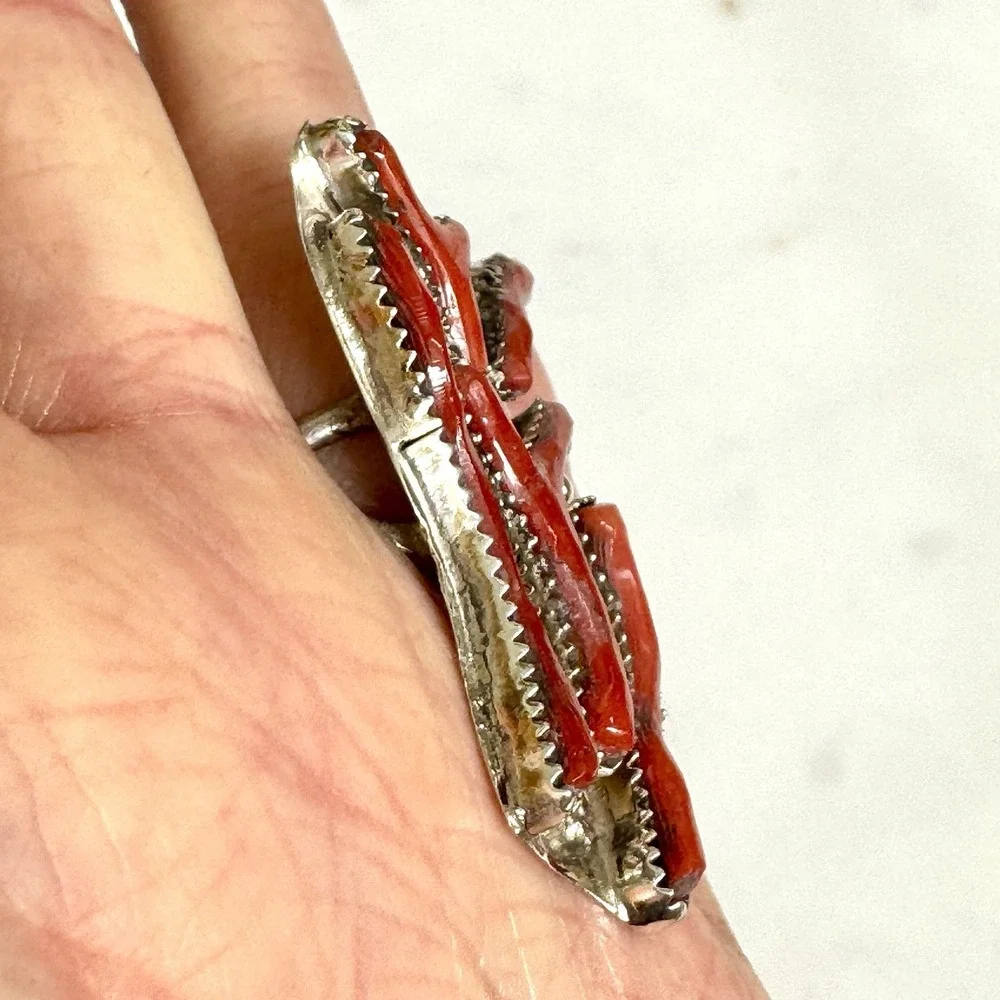 Navajo‎ Red Branch Coral Ring Sz 7 Sterling Signed Tsabetsaye Turquoise